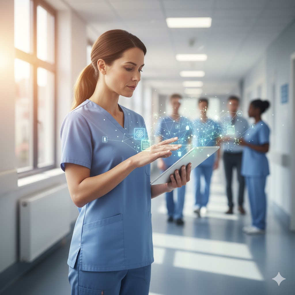 Healthcare professional using mobile technology and augmented reality to enhance clinical expertise and patient care